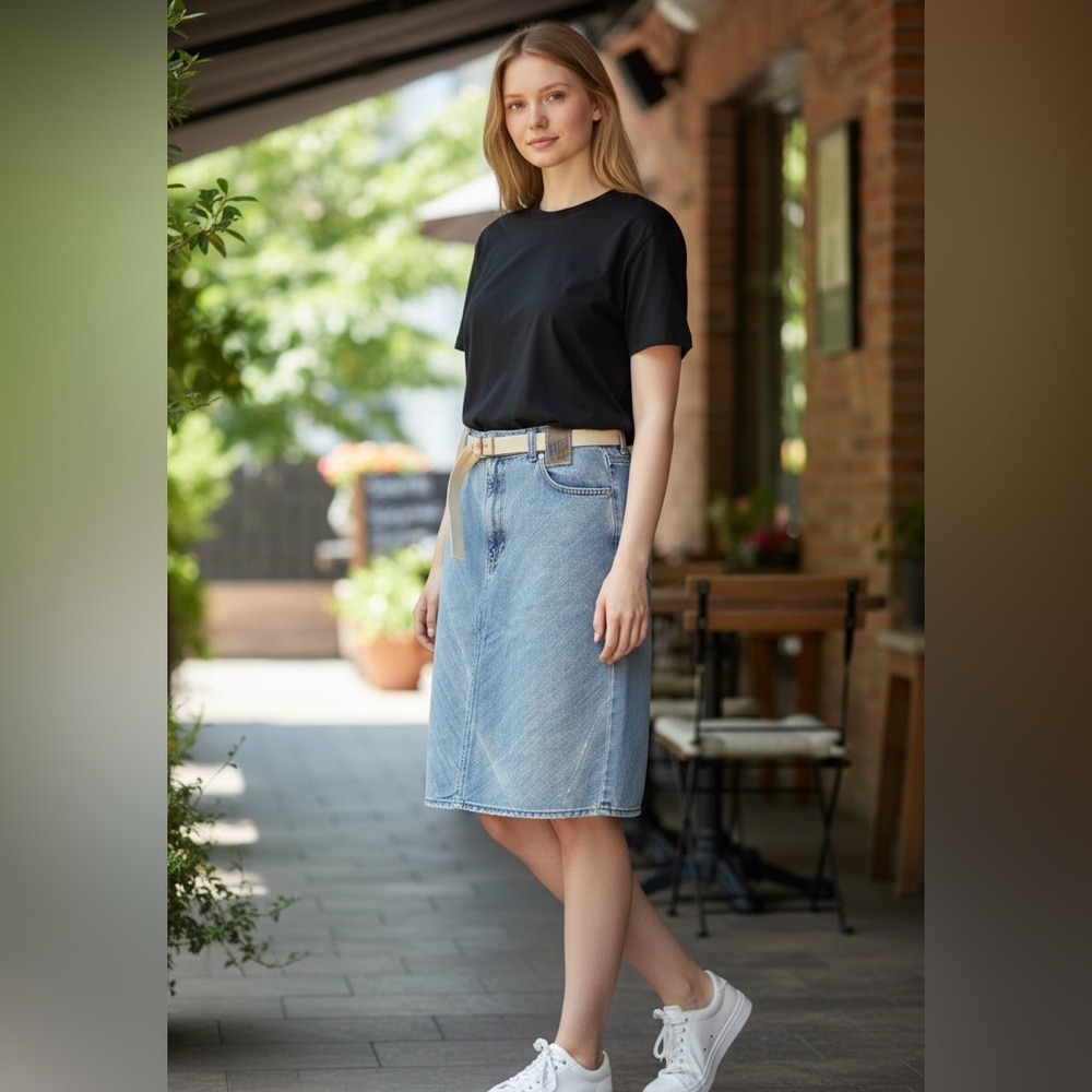 Miss Sixty Light Blue Denim Midi Skirt and Beige Belt